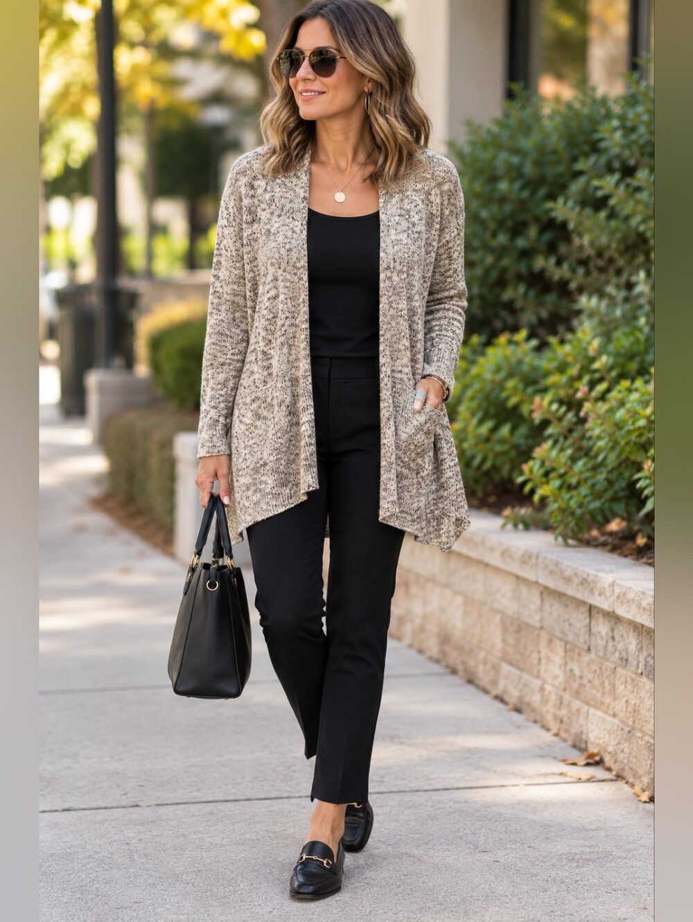 Eileen Fisher Tan Black Open-Front  Cardigan Sweater XL Linen Cotton Blend